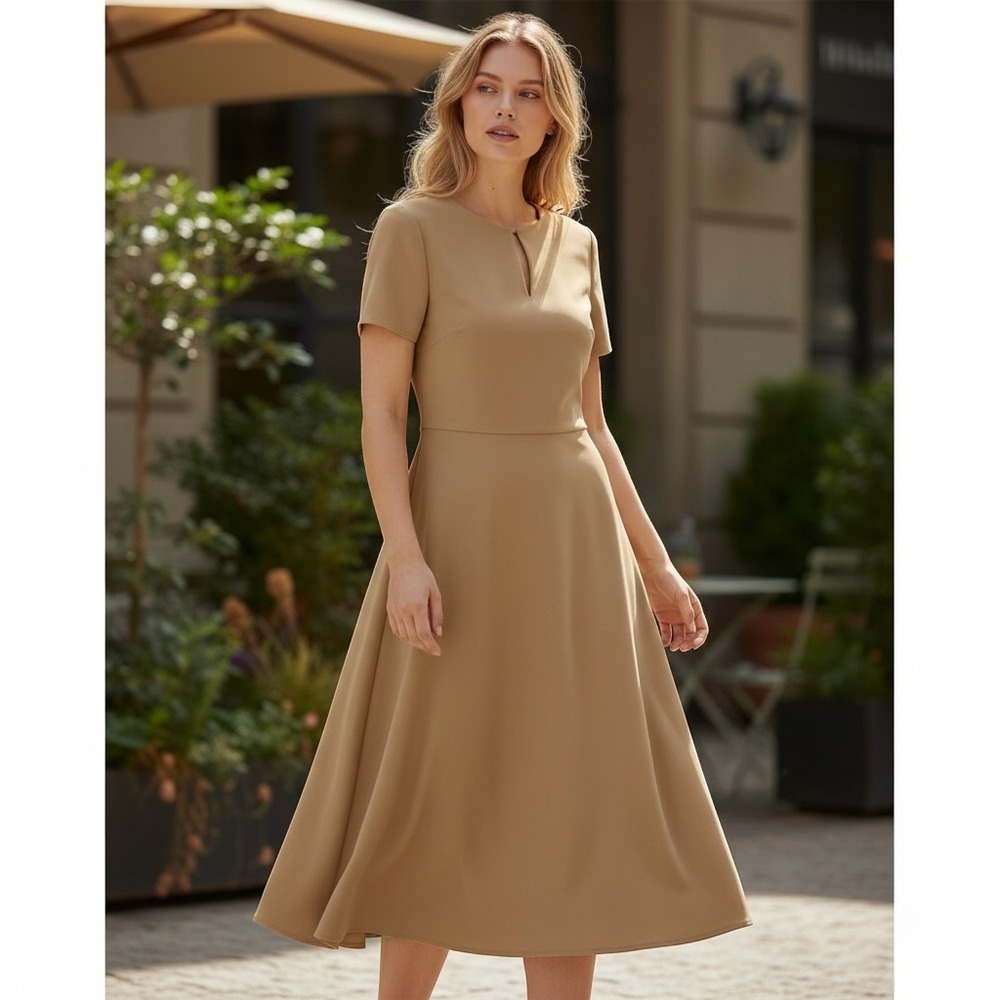 Lauren Ralph Lauren Fit & Flare Dress Womens 6 Tan Keyhole Hardware 2009